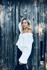 White Off-the-Shoulder Knit Sweater – Slouchy Cozy Pullover - Juniper