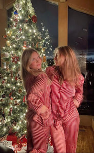 Red and Green Striped Satin Christmas Pajamas