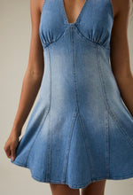 Load image into Gallery viewer, Coastal Breeze Denim Halter Mini Dress - Juniper
