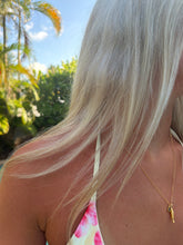 Load image into Gallery viewer, Gold fish charm necklace with blue crystal | coastal layering necklace
