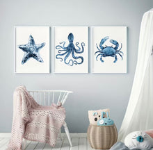 Load image into Gallery viewer, 3pcs Blue Watercolor Starfish, Octopus, Wall Art, Nautical Decor,For Home Decor/ Living Room/ Bedroom/ Office/ Hotel/ Bar Decoration, No Frame
