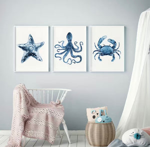 3pcs Blue Watercolor Starfish, Octopus, Wall Art, Nautical Decor,For Home Decor/ Living Room/ Bedroom/ Office/ Hotel/ Bar Decoration, No Frame
