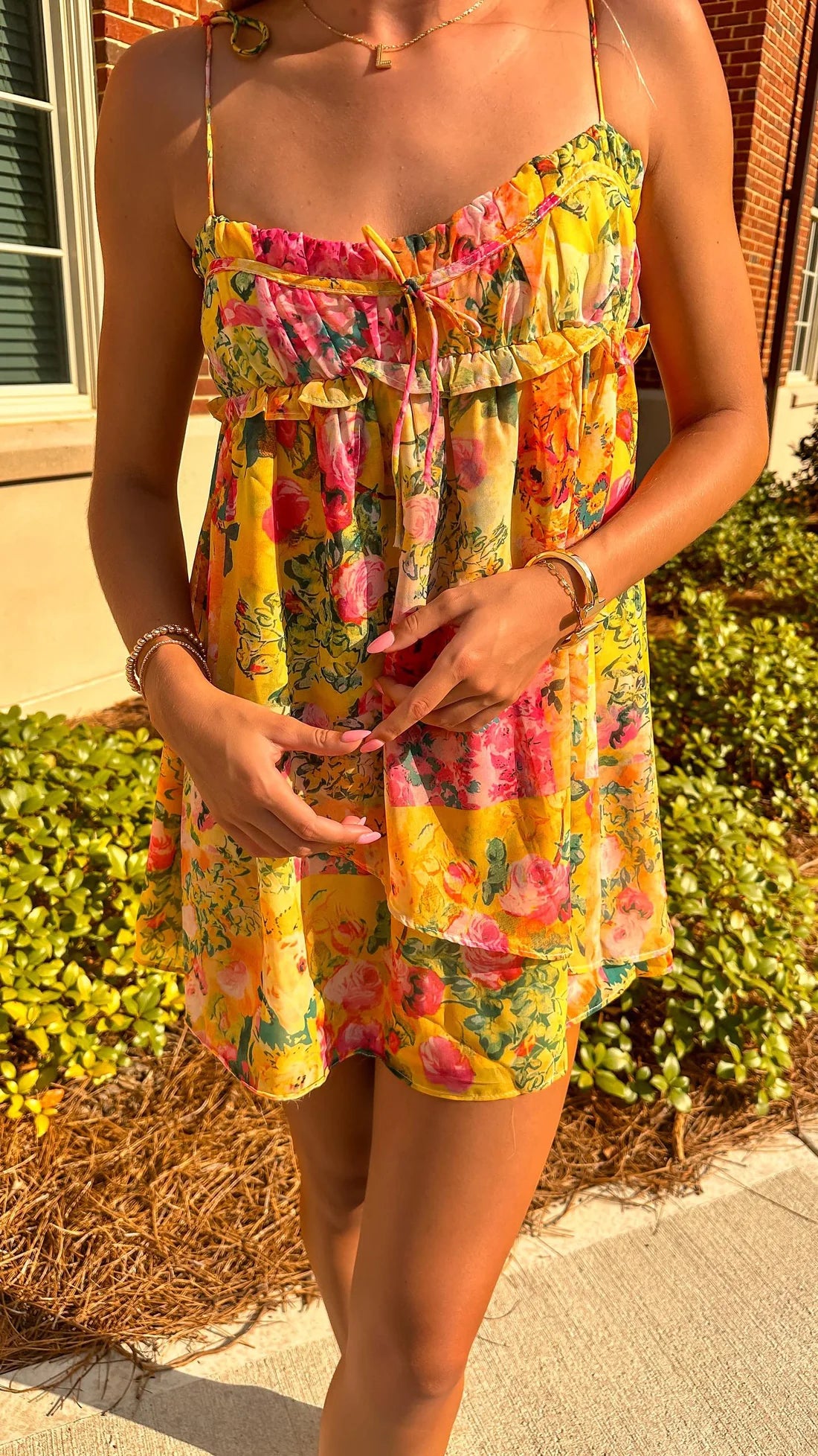 Yellow Pink Floral Mini Dress – Summer Spaghetti Strap Sundress