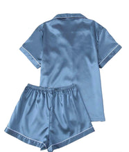 Load image into Gallery viewer, Blue and white Pajamas shorts and button up top pajama set
