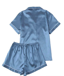 Blue and white Pajamas shorts and button up top pajama set