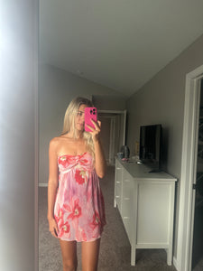 Pink Floral Pleated Strapless Mini Dress