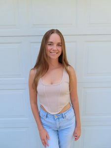 Beige Ribbed Corset Tank Top | Trendy Fitted Crop Top