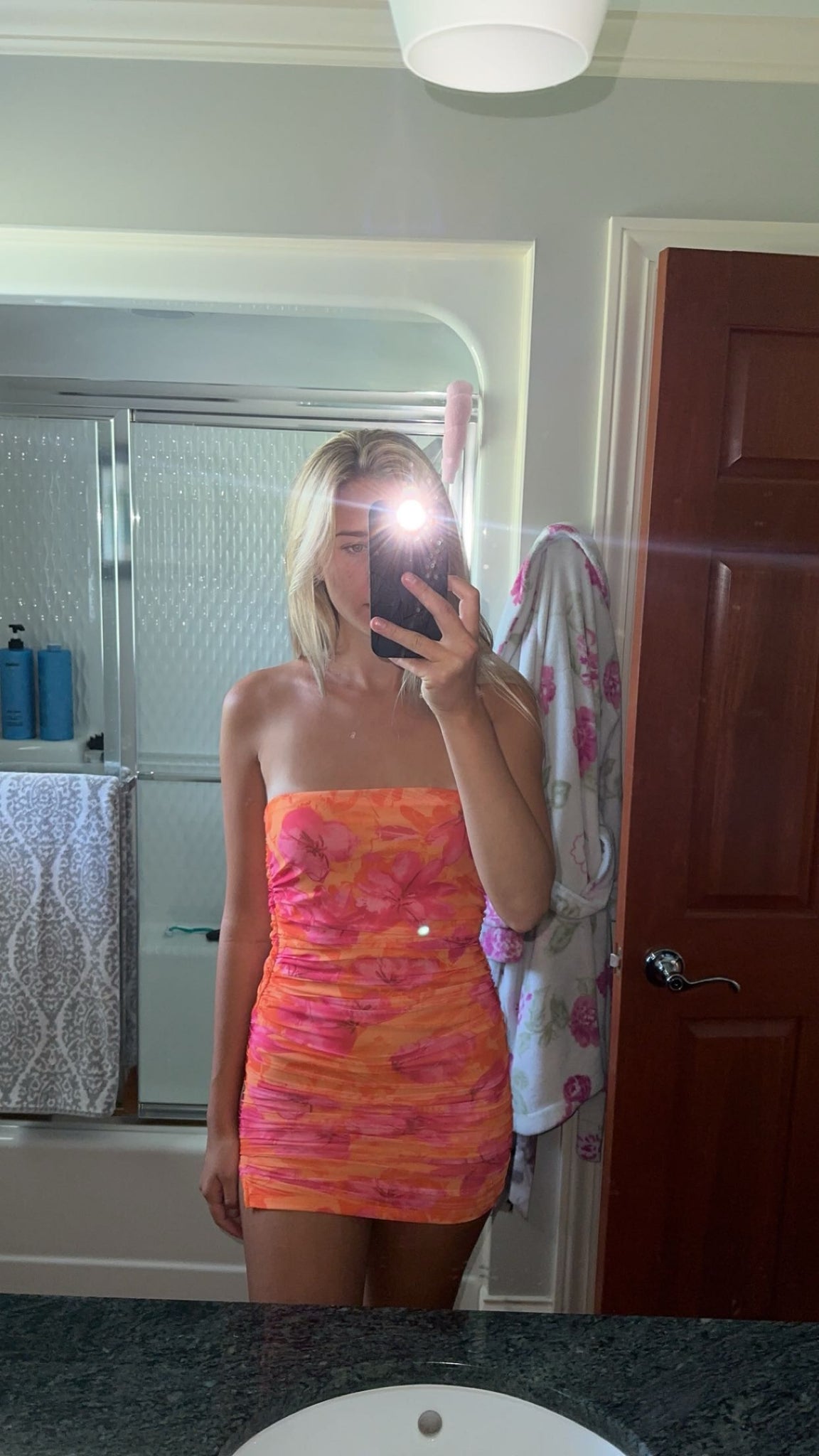 Orange & Pink Floral Strapless Bodycon Mini Dress Ruched Tube Dress Juniper Orange & Pink Floral Strapless Bodycon Mini Dress Ruched Tube Dress Juniper