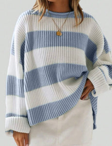 Striped Blue Knit Crewneck Sweater