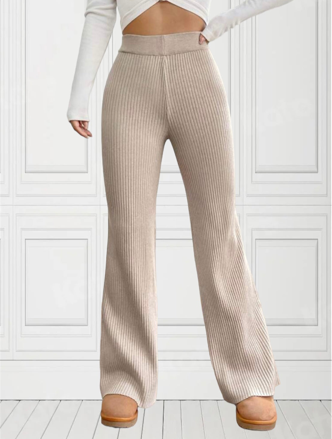 Tan Knit Ribbed Flare Pants – Juniper