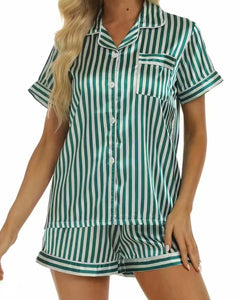 Green Striped Satin Pajamas
