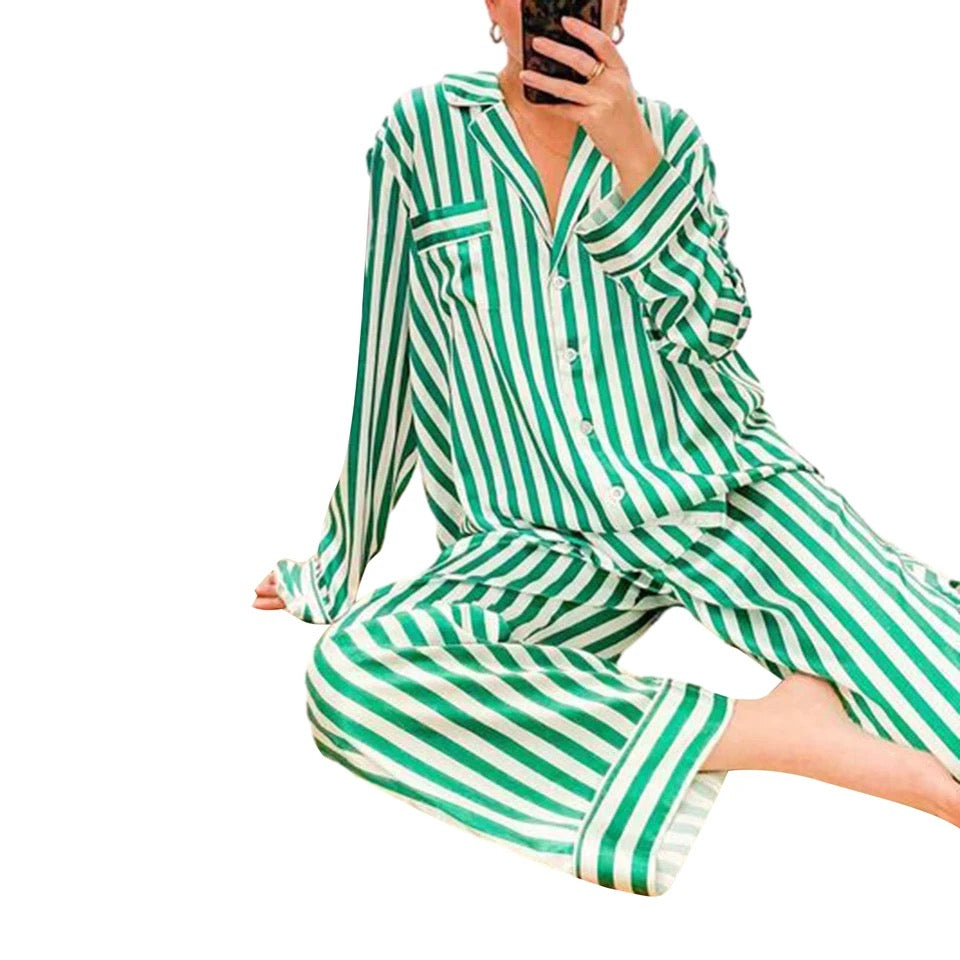 Red and Green Striped Satin Christmas Pajamas Large / Red