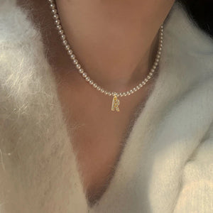 Gold Pearl Pendant Initial Necklace, Pearl Chain Choker, Charm Necklace, Gold Charm, Gold Plated, Adjustable