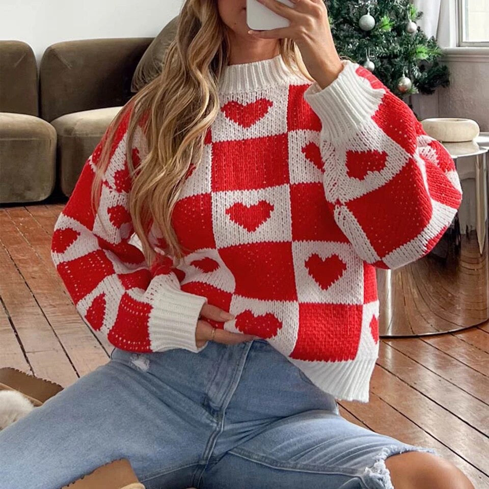 Chunky Checkered Hearts Valentines Day Sweater