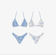 Load image into Gallery viewer, Blue floral bikini set with adjustable triangle top and high cut bottoms
