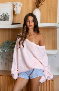 Blush Breeze Off-Shoulder Knit Sweater – Soft Pink