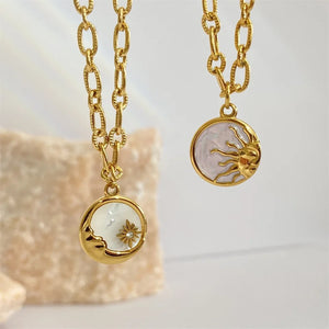 Vintage Sun and Moon Pendants Necklace White Shell Round Coin - Juniper