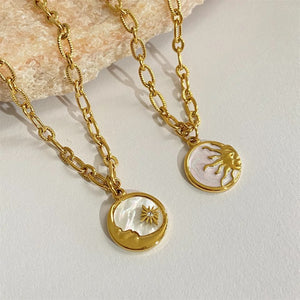 Vintage Sun and Moon Pendants Necklace White Shell Round Coin - Juniper
