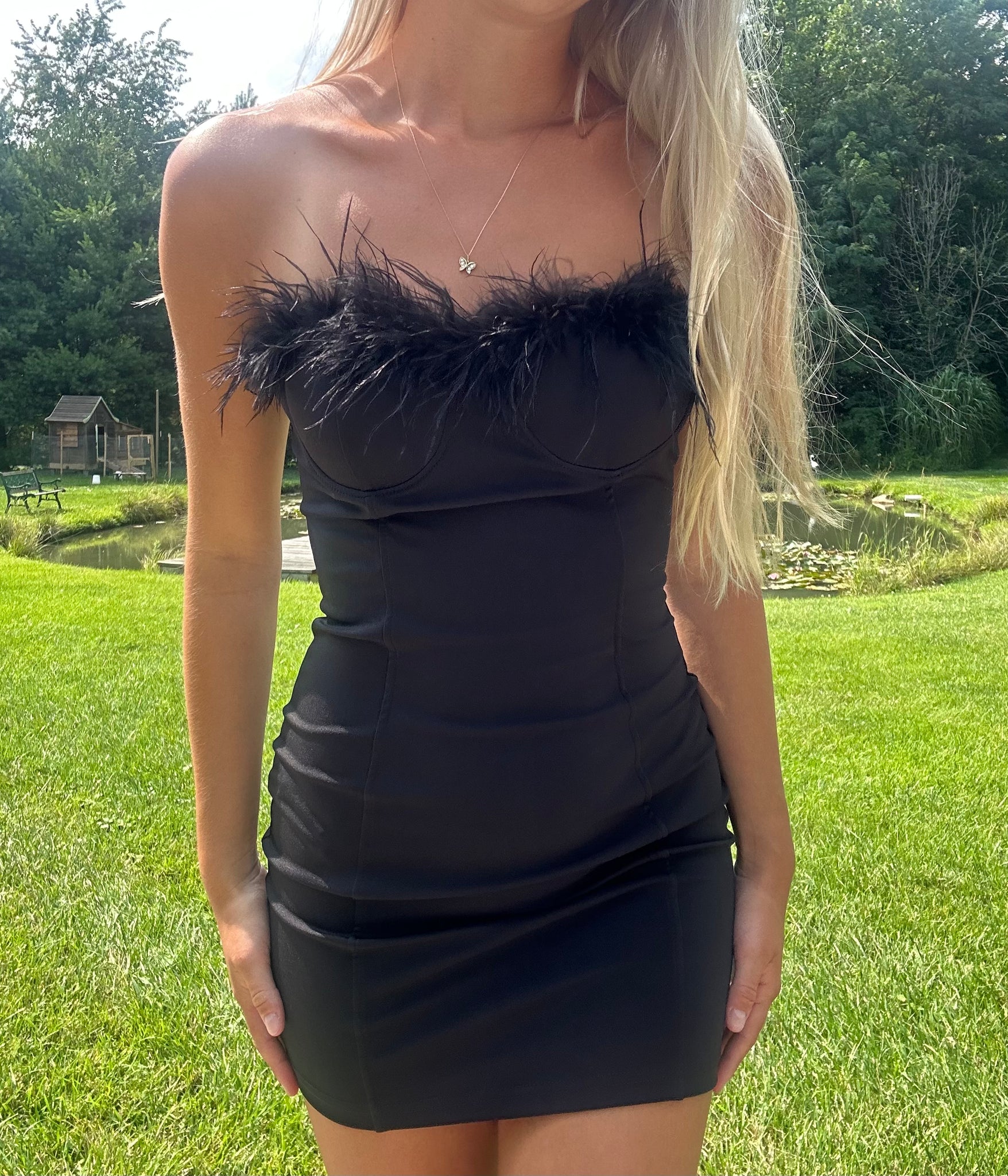 black bodycon dress with feathers Black Bodycon Dress with Feathers Juniper