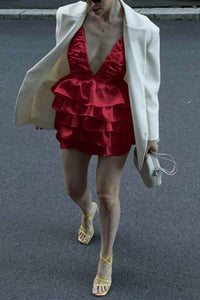Rhinestone Chain Spaghetti Straps Layered Mini Dress Women Vintage Sleeveless Deep V-Neck Ruffles Cake Dress