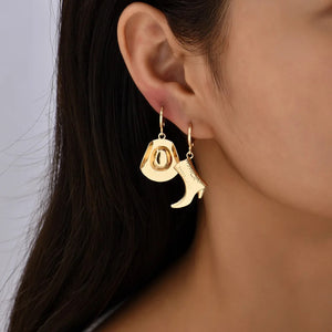Punk Cool Western Cowboy Hat Boot Earring Unisex Asymmetric Charms Gold Plated Hoop Earrings for Cowgirl Gift Rock Jewelry