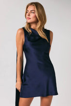 Load image into Gallery viewer, Navy blue satin mini dress with open back &amp; scarf detail
