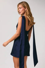 Load image into Gallery viewer, Navy blue satin mini dress with open back &amp; scarf detail
