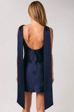 Load image into Gallery viewer, Navy blue satin mini dress with open back &amp; scarf detail
