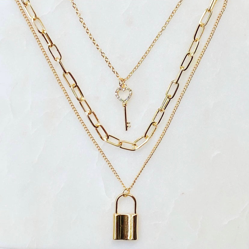 Gold Choker, Gold Chain Choker, Lock and Key Necklace, Gold Choker, Angel Pendant, Gold Plated, Adjustable - Juniper