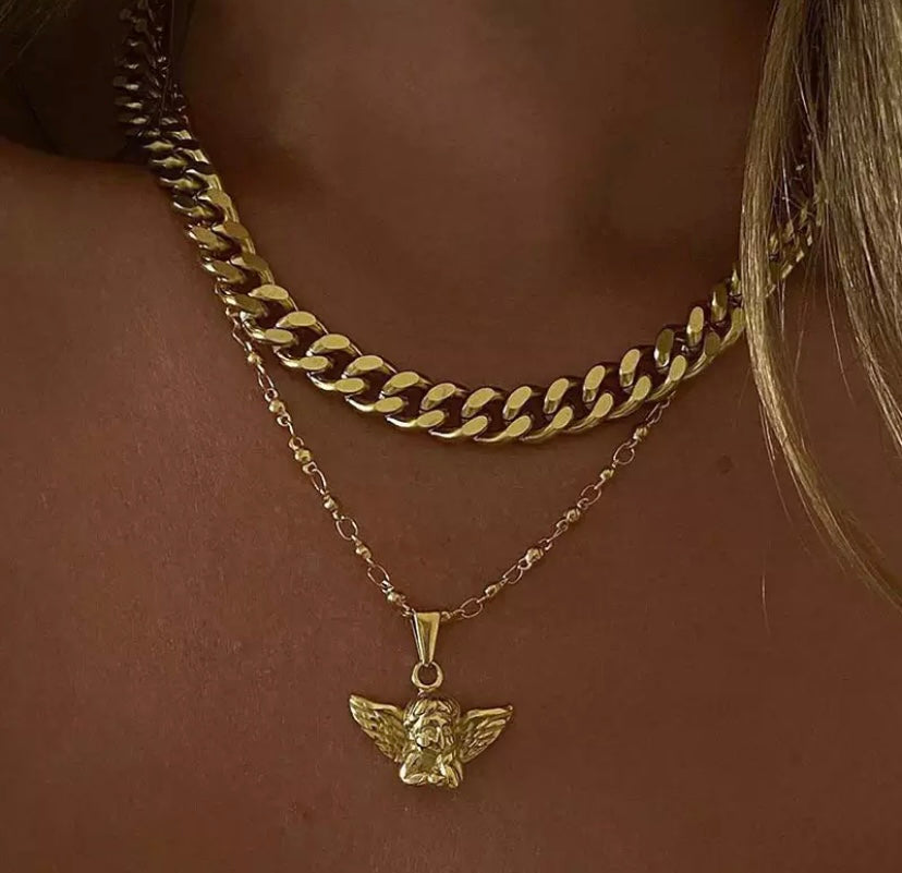 Gold Angel Choker, Gold Chain Choker, Angel Charm Necklace, Gold Choker with Charm, Angel Pendant, Gold Plated, Adjustable - Juniper