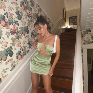 Green Satin Cutout Dress - Juniper