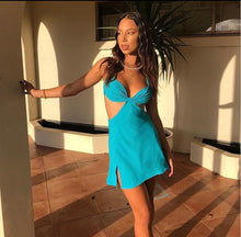 Load image into Gallery viewer, Blue Satin Mini Halter Dress - Juniper
