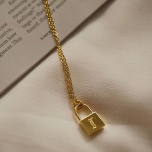 Gold Pendant Initial Lock Necklace, Gold Chain Choker, Charm Necklace, Gold Charm, Lock Pendant, Gold Plated, Adjustable - Juniper