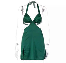 Load image into Gallery viewer, Green Satin Halter Mini Dress - Juniper
