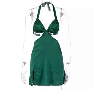 Green Satin Halter Mini Dress - Juniper
