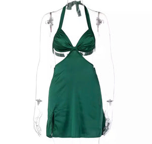Green Satin Halter Mini Dress - Juniper