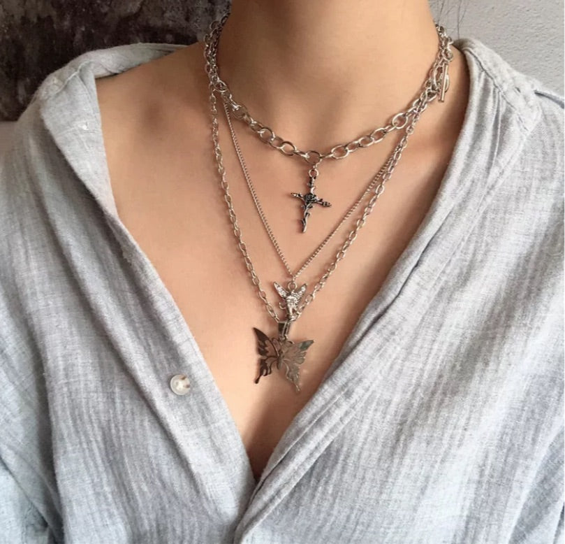iF YOU Silver Chain Necklace Egirl Men, Cool Goth Punk Layered